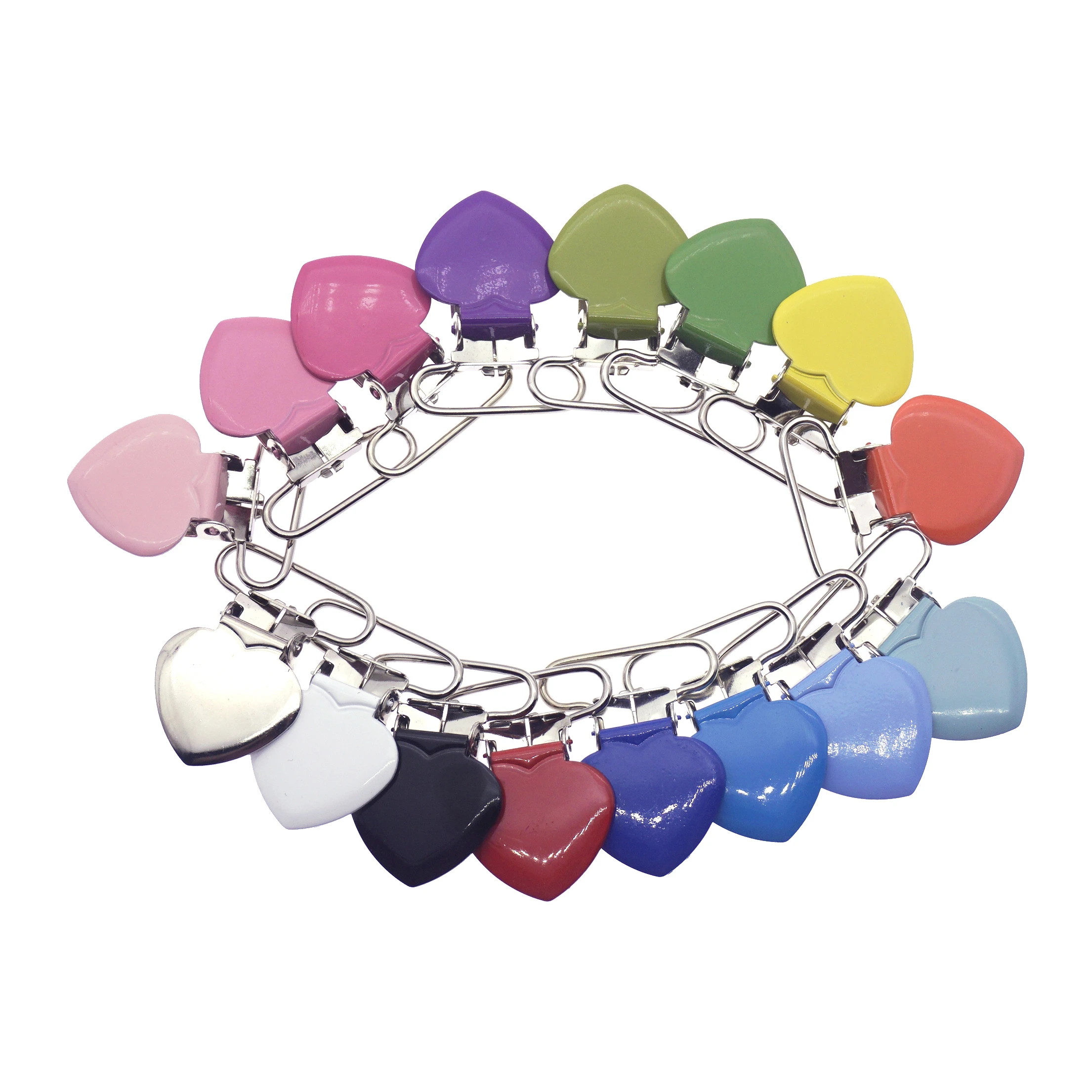 SUTOYUEN 1\'\' 25mm Heart Metal Clips for Suspender Pacifier Clips Enamel Suspender Clip Plastic Teeth Dummy Toy Holder 32Pcs