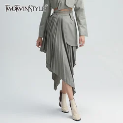 TWOTWINSTYLE Irregular Hem Skirt For Women High Waist Patchwork Pleated Plus Size Loose A Line Skirts Female 2020 Fashion Style