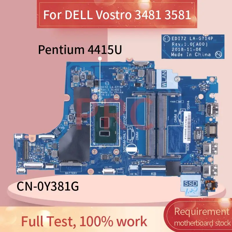 

For DELL Vostro 3481 3581 Pentium 4415U Laptop Motherboard CN-0Y381G LA-G714P SR348 DDR4 Notebook Mainboard