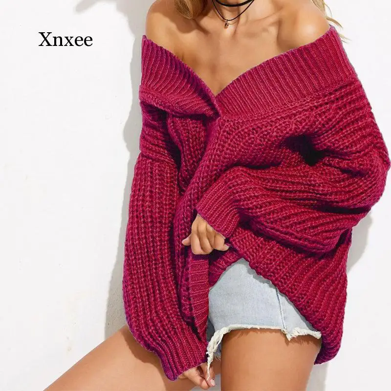 Warm Winter Women Tube Top Knitwear Sweaters Off The Shoulder Loose Long Sleeve Fashion V Neck Drop Shoulder Chunky Knit Sweater