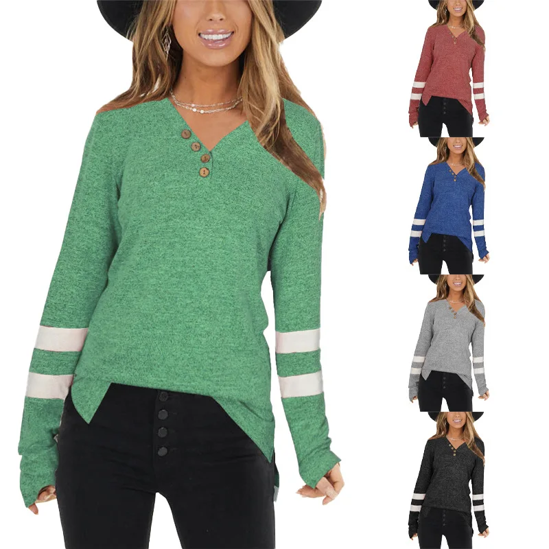 

Women's 2021 New Button V-neck Stitching Parallel Bars Casual Long Sleeve Sweatshirt