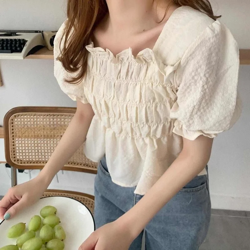 Blouses Women Puff Short Sleeve Cropped Solid Simple Korean Style Summer Student Gentle Feminino Tops All-match Fashion Leisure