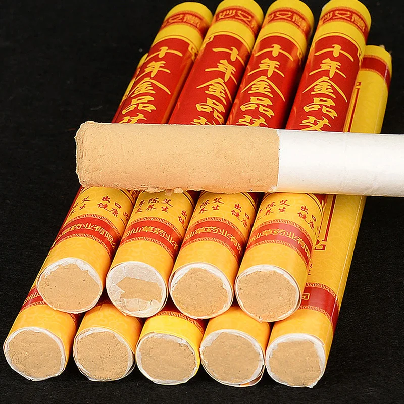 SHARE HO 60:1 Long Gold Moxa Rolls Chinese Moxibustion Acupuncture Heating Therapy 10 years Old Pure Artemisia Roller 10pcs