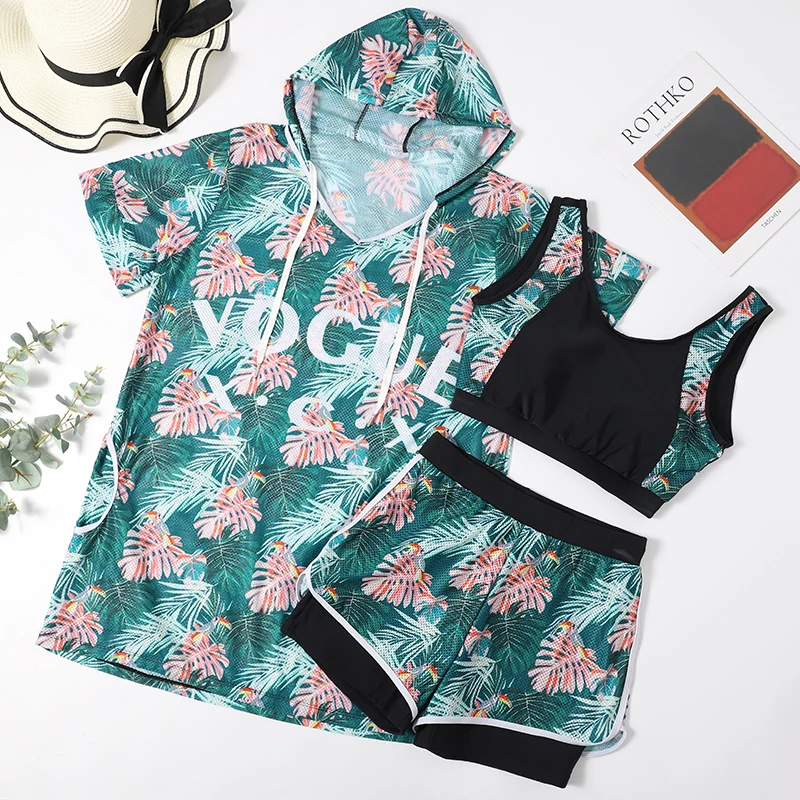 2XL-9XL Plus Size Swimsuit for Women Green Leaf Print High Waist Tankini Sets Swimwear Female with Cover Up Extra Large Size