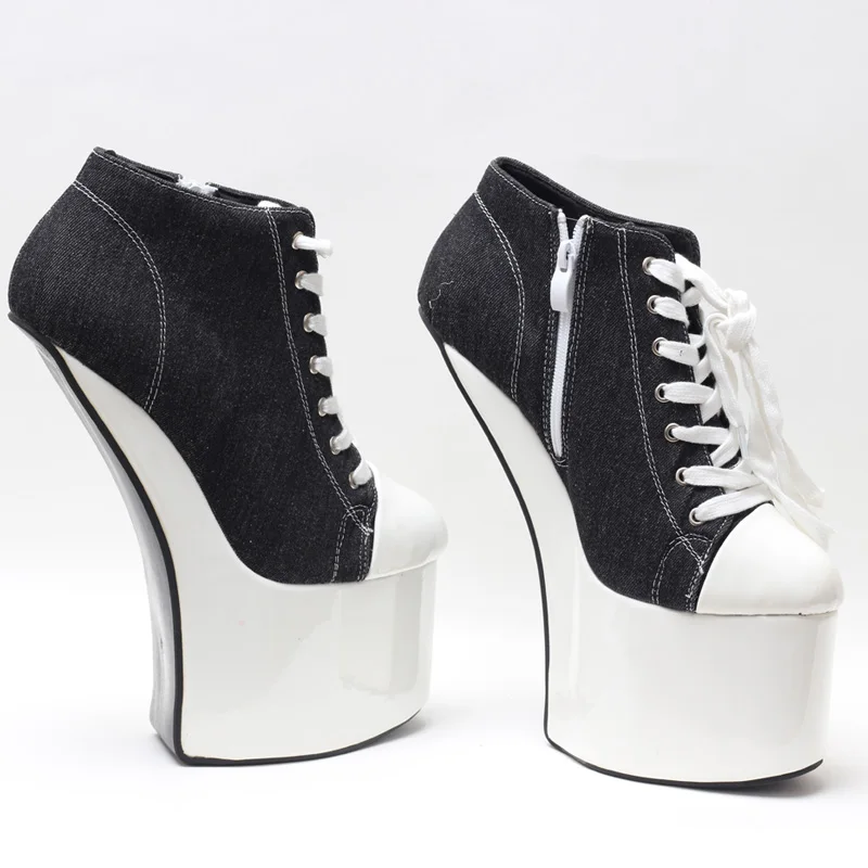 Sorbern Black Xdresser Canvas Pump Shoe Heelless Thick Platform Shoe Ankle High Fetish High Heel Black And White Drag Queen Shoe