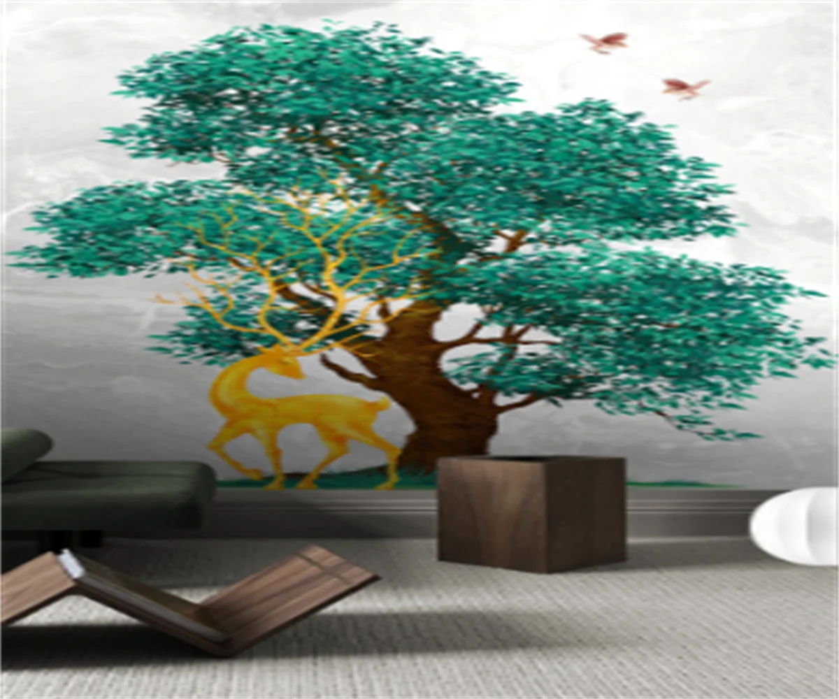 

Chinese style abstract big tree imitation marble living room background wallpaper new 3D elk photo mural custom photo wallpaper