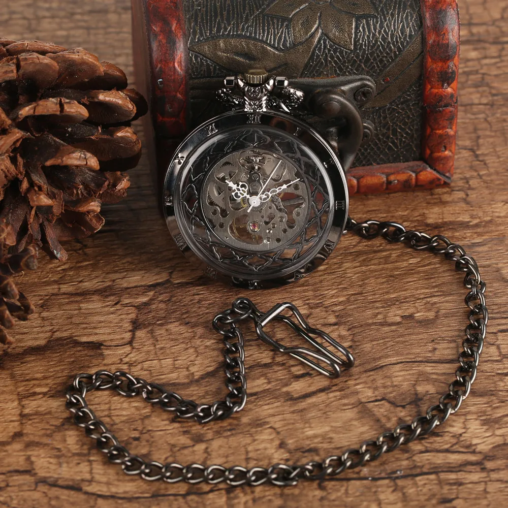 Transparent Bronze/Black Skeleton Manual Mechanical Pocket Watches with Hanging Chain Hand Winding Pendant Pocket Timepiece