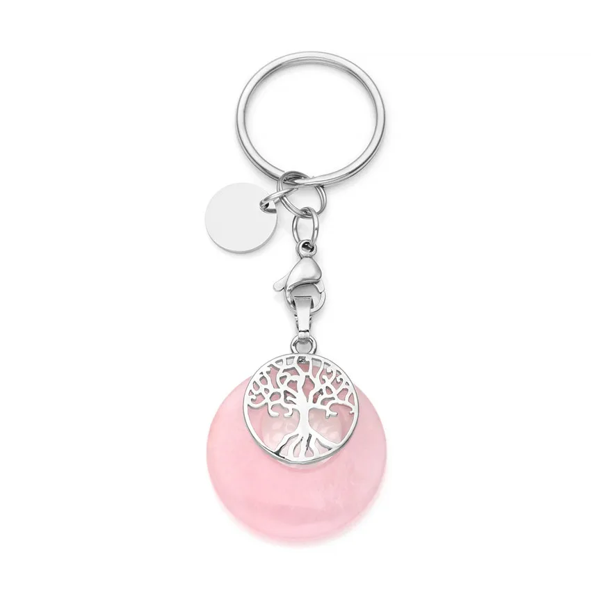 FYJS Unique Silver Plated Circle Lobster Clasp Round Hollow Natural Rose Pink Quartz Key Chain Elegant Women Jewelry