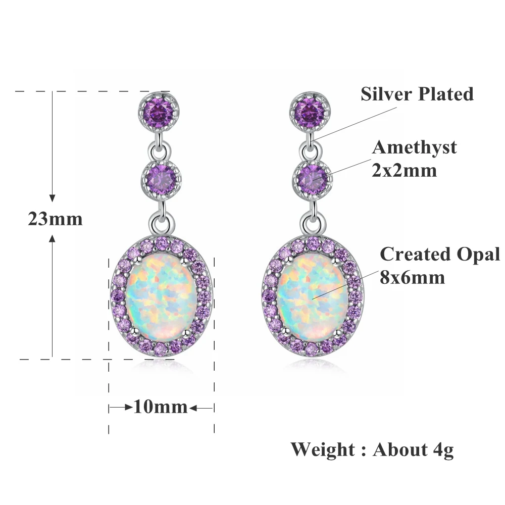 CiNily Large White Fire Opal Oval Stone Earrings Silver Plated Violet Lilac Purple Zircon Crystal Vintage Party Jewelry Women