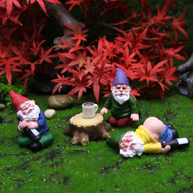 4 sztuk/zestaw Mini pijany gnomy Dwarf Fairy Garden statua miniatury dziedziniec Elf rysunek mikro krajobraz z żywicy figurka Ornament