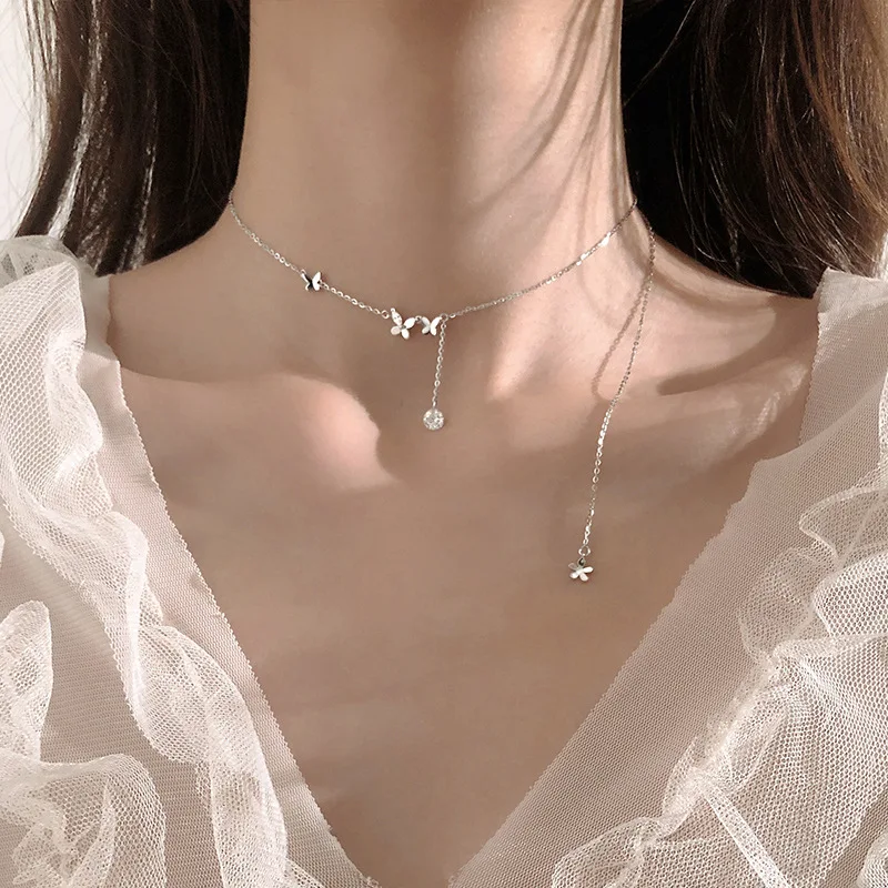 LIVVY Silver Color Butterfly Drop Shaped Crystal Zircon Pendant Necklace For Women Simple Trendy Birthday Party Jewelry Gifts