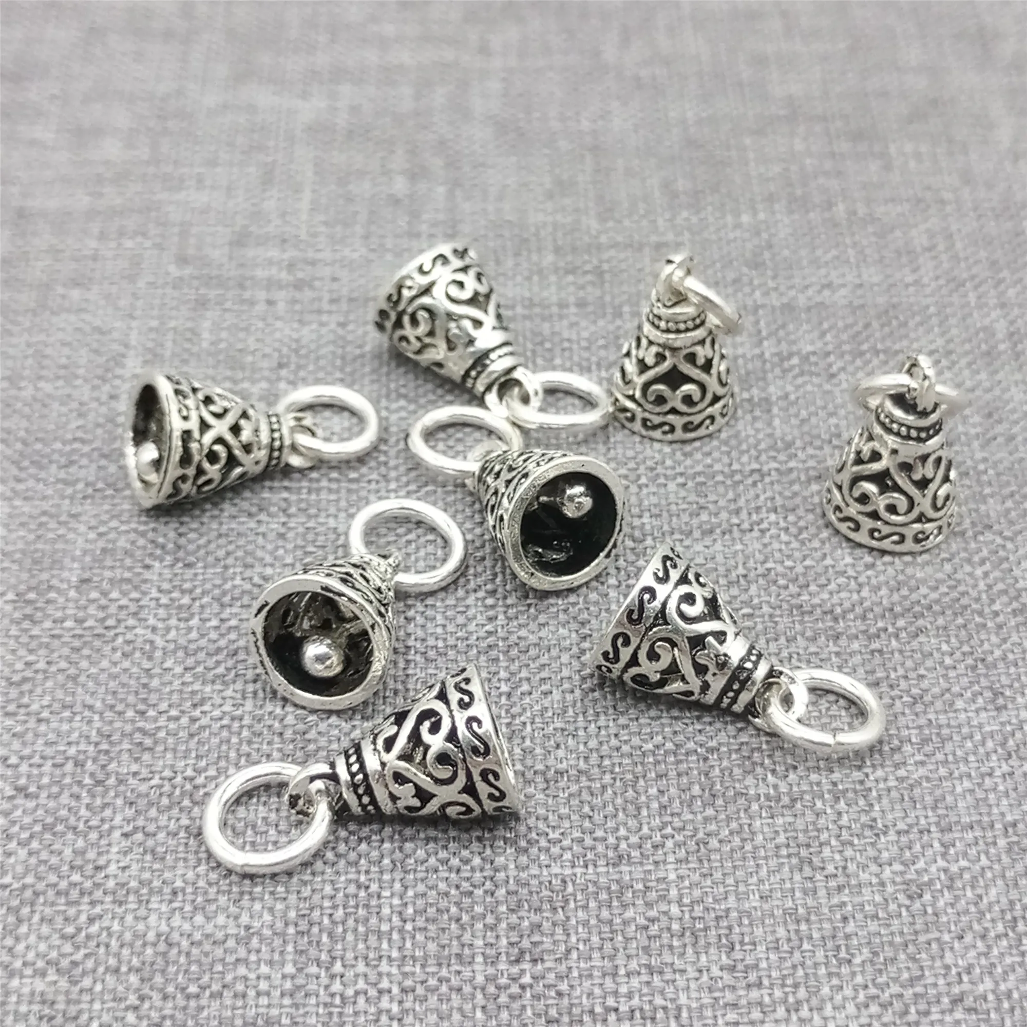 5 Pieces of 925 Sterling Silver Filigree Working Bell Charms with Spiral Design