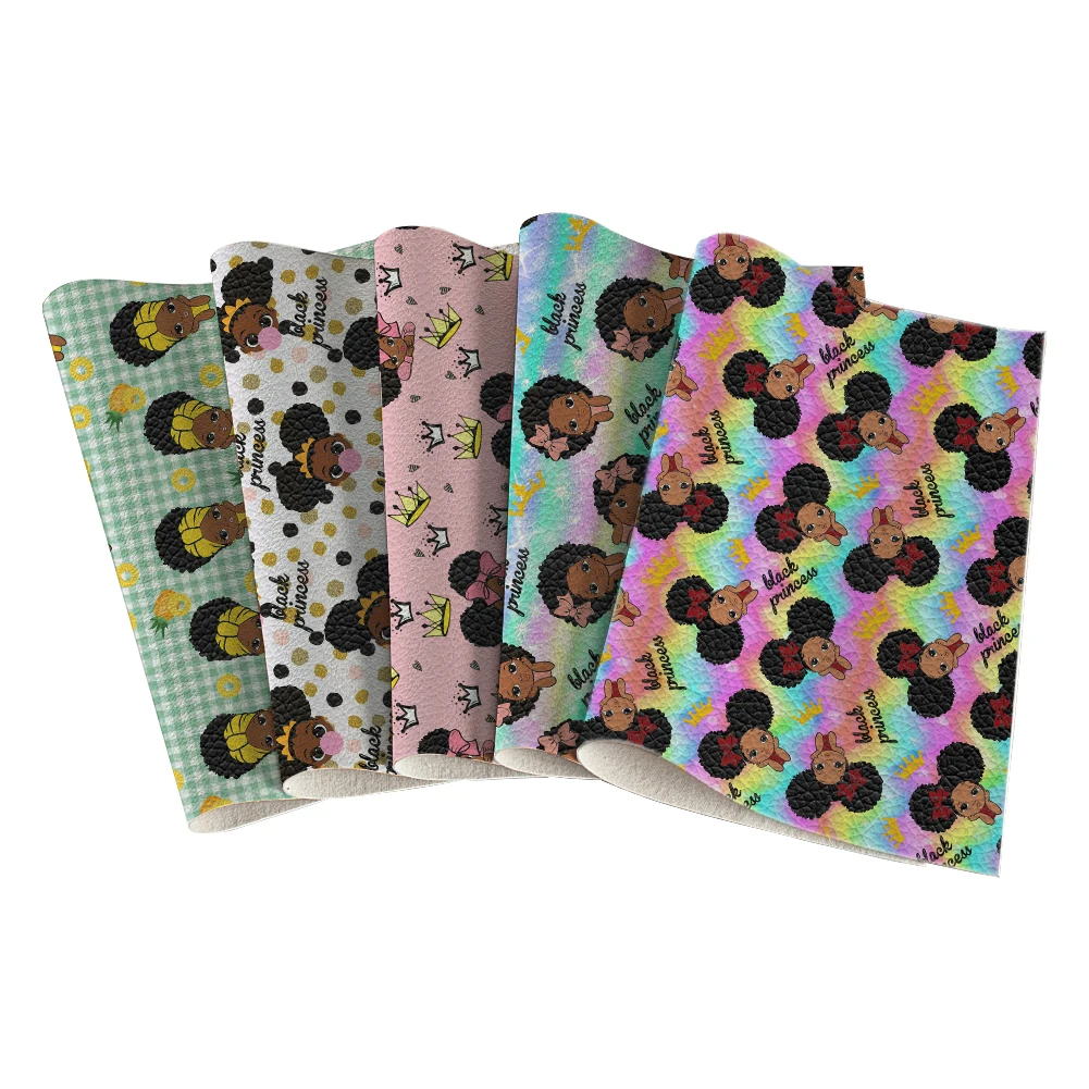 Cartoon Black Girl Lychee Pattern Printed Faux Leather Sheets 22x30cm Synthetic Leather Fabric for Bows & Earring DIY Crafts