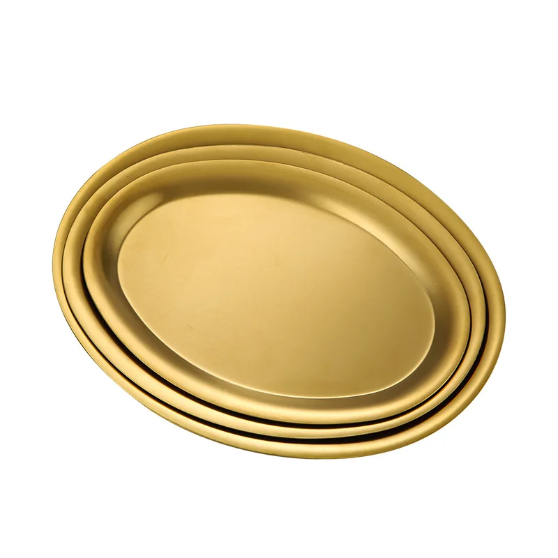 

304 stainless steel steamed fish dish Korean style Dan-shaped barbecue dish golden oval tray flat snack dish dish.