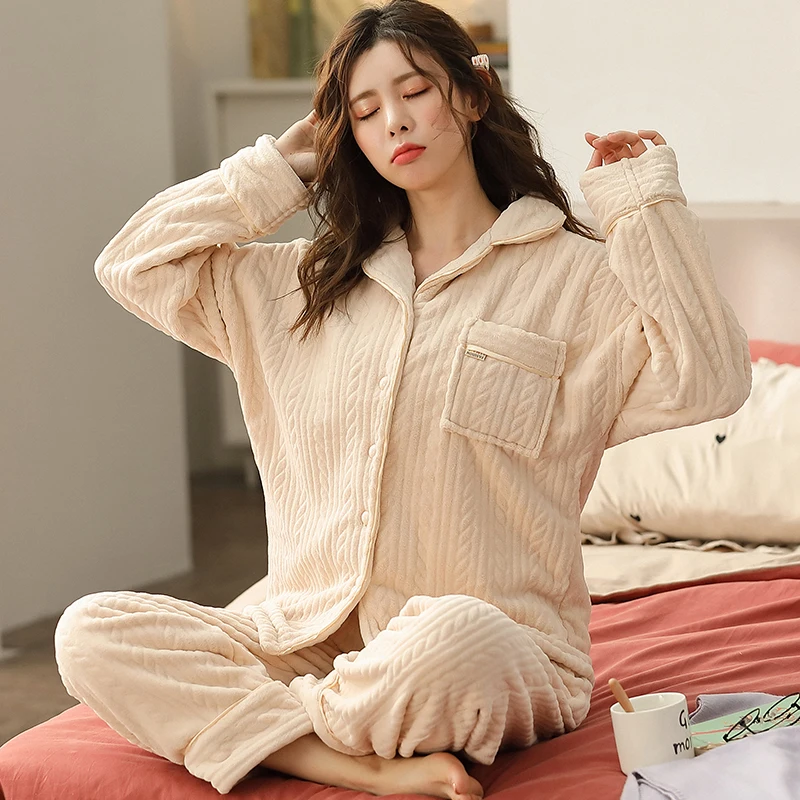 Big Yards M-3XL Winter Thickened Pajamas Women Solid Color Flannel Pyjamas Home Furnishing Suit Coral Velvet Leisure Home Wear