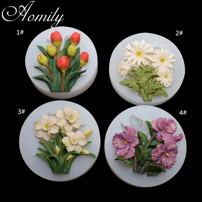 Aomily Tulip Chrysanthemum Daffodil Violet Silicone Mold Fondant Cake Molds Chocolate Moulds Tools Cake Decorating Baking Tools