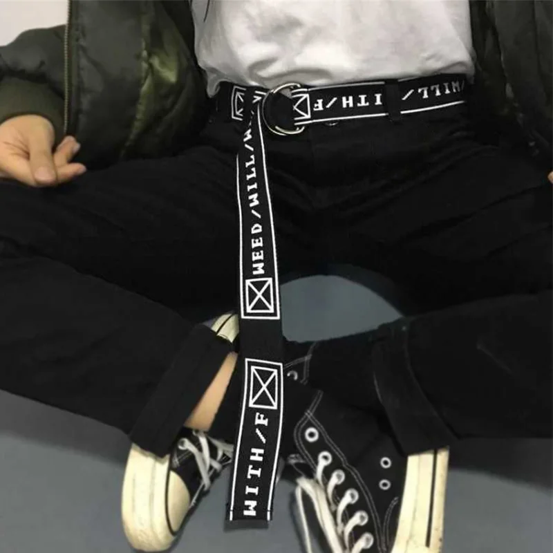Yüksek kalite kadın erkek tuval kemerleri mektuplar baskılı çift D halka toka Punk bel kemeri moda beyaz siyah uzun geniş kemer