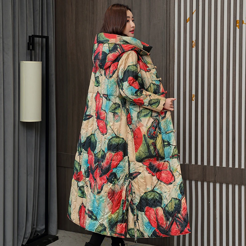 Women's Winter Parkas X-long Printing Loose Hooded Female Jacket Plus Size Single Breasted Stand Collar Casual Thick Coat Ladies