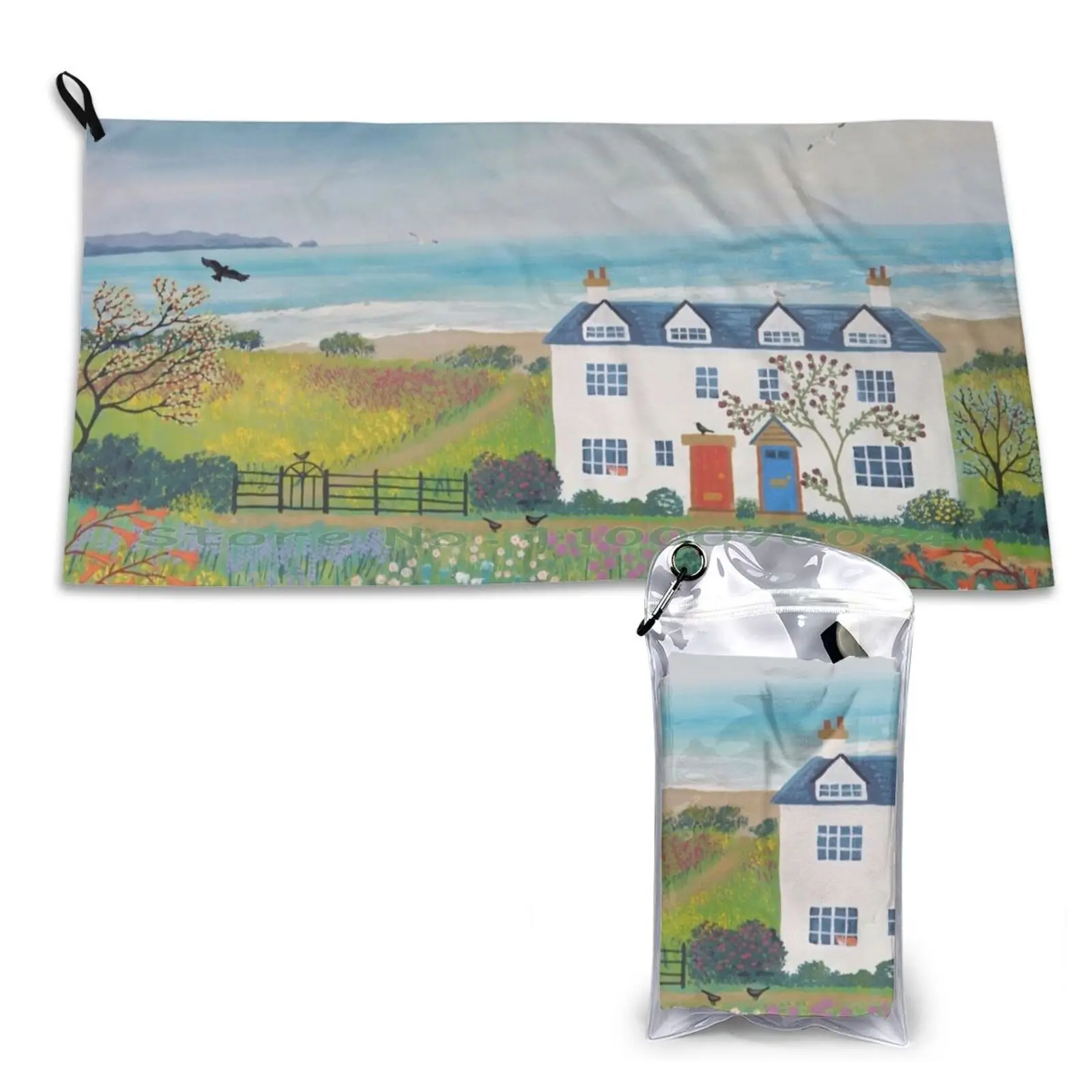 Beach View Cottages Quick Dry Towel Gym Sports Bath Portable Seaside Landscapes Seascapes Cottages Jo Grundy Soft