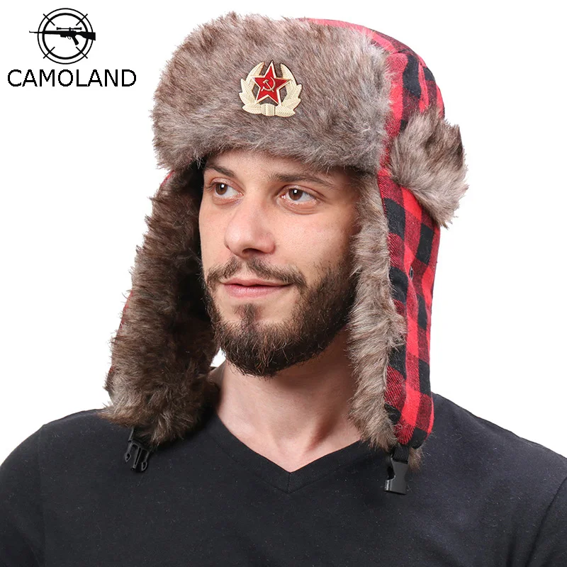 CAMOLAND Fashion Plaid Pattern Bomber Hats Women Men Soviet Badge Russia Ushanka Hat Winter Thermal Faux Fur Earflap Snow Caps