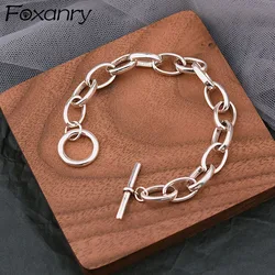 Foxanry Silver Color Thick Chain Brcacelet for Women Fashion Simple TO Buckle Thai Silver Bracelet Party Jewelry Gifts