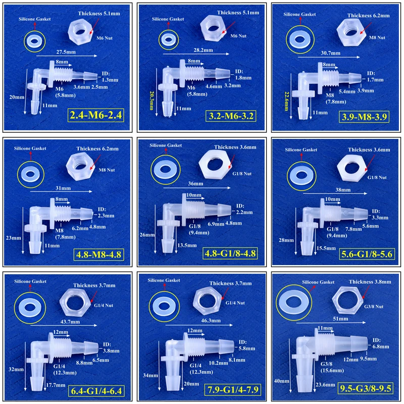 5 ~ 200 szt. Złącze kątowe perforowana Pagoda + silikonowa uszczelka Adapter zbiornik akwarium wąż ogrodowy przegubu M6 ~ G1/2 do 2.4-11.1mm