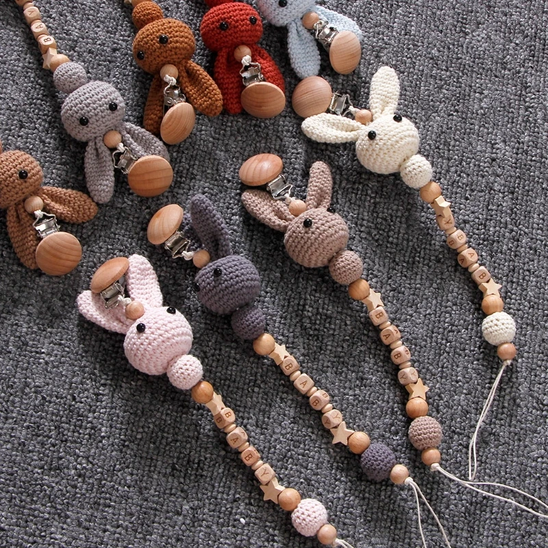 1pc Crochet Bunny Baby Pacifier Clip Chain BPA Free Wooden Beads Appease Soother Chain Clips Newborn Dummy Holder Nipple Clip