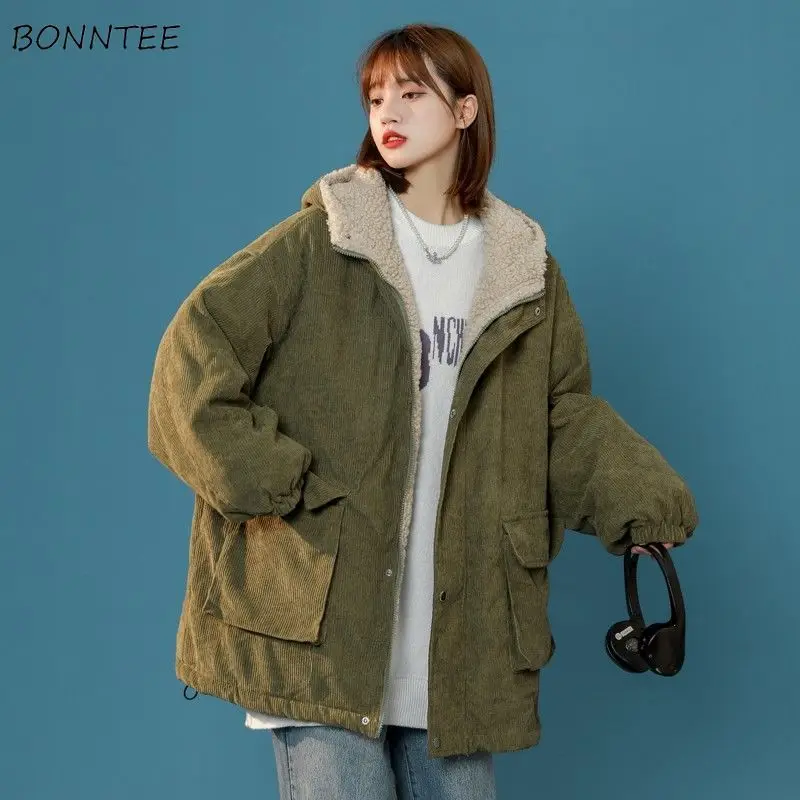 Parkas Women Hooded Corduroy Fashion Korean Style Aesthetic All Match Thicken Simple Tender Collage Winter Street Wear Loose