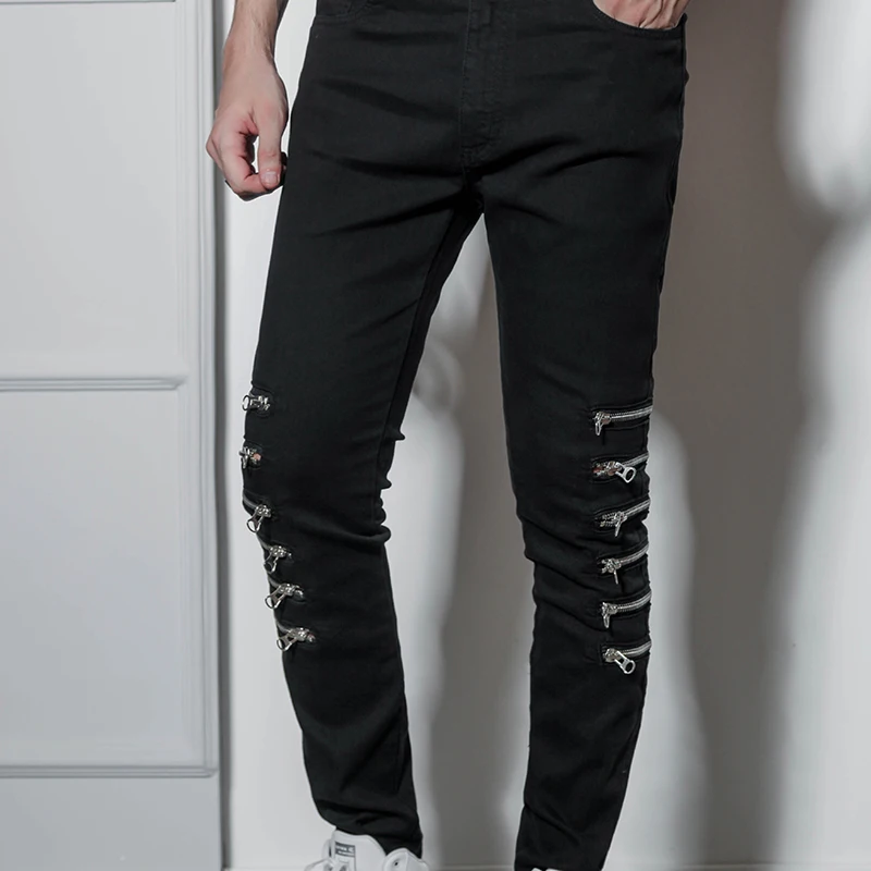 Men's jeans European and American casual pants men more zipper slim stretch jeans high street hip hop retro Internet trend