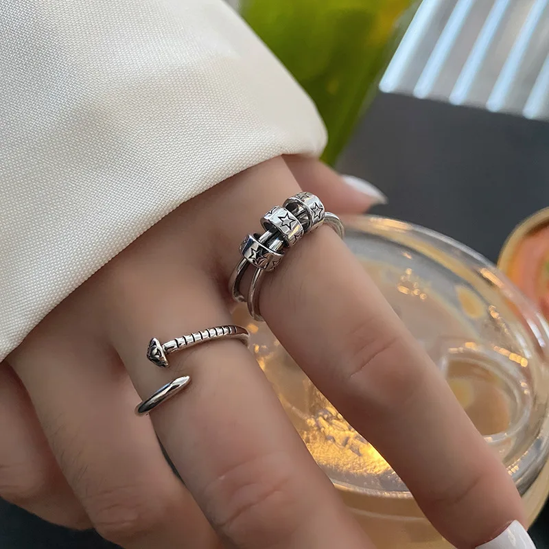 QMCOCOKorean INS Style  Silver Color Ring Punk Fashion Round Star-Shape Personality Screw Nail Student Open Index Finger Ring