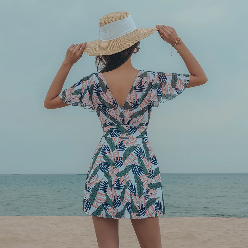 swimsuit women short sleeve with skirt one piece floral printed Monokini Push Up Swim Suit Korea Style Trikini Bathing Suit