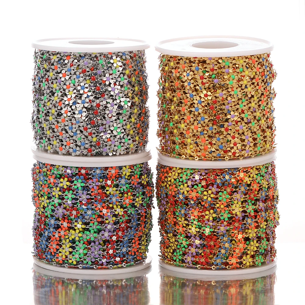 1M Goldfarbene Bunte Kette aus Edelstahl mit Emaille-Blumen für DIY-Schmuckherstellung, Fußkettchen, Armbänder, Halsketten und Accessoires – Detail 6