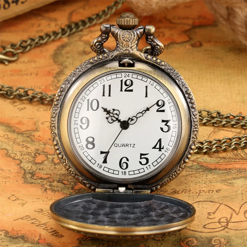 3D Bronze Blooming Rose Flower Cover Pendant Necklace Quartz Pocket Watch Antique Clock Arabic Numeral White Dial Pocket Watches