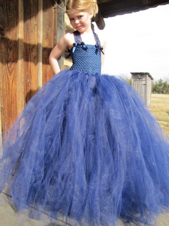 Girls Navy Blue Trailing Tutu Dress Kids Crochet Tulle Dress Lace Straps Ball Gown Children Evening Party Banquet Costume Dress