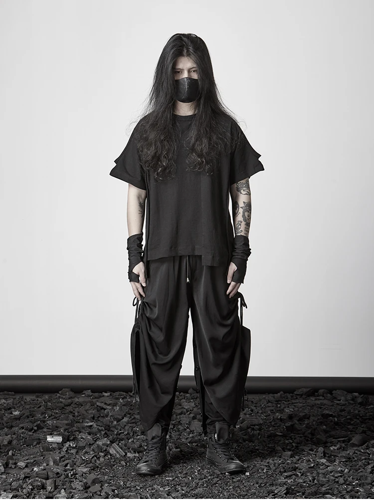 

Personality stitching design T-shirt cotton Japanese dark black trendy men's irregular short-sleeved loose