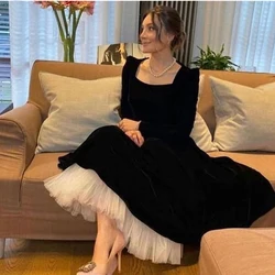 BridalAffair Modest Black Velvet Evening Dresses Long Sleeve Square Collar White Bottom Tea Length Formal Party Simple Prom Gown