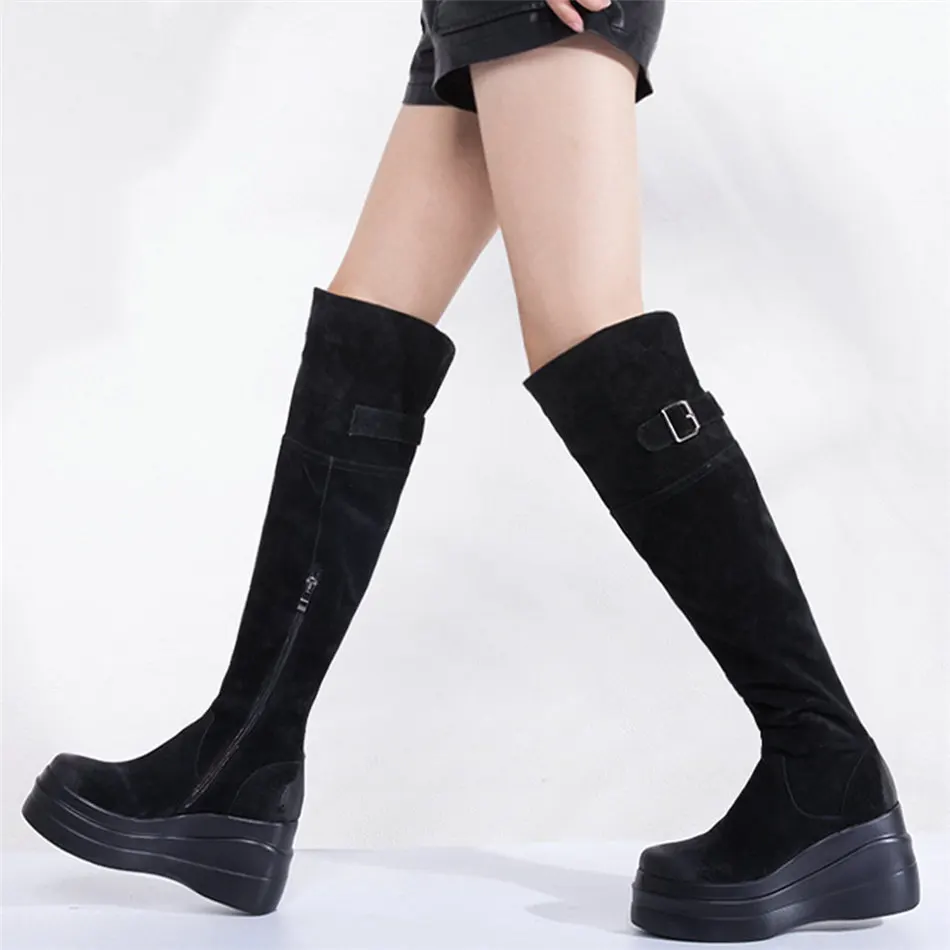 Winter Thigh High Sneakers Women Genuine Leather Wedges High Heel Knee High Motorcycle Boots Female Chunky Platform Pumps Shoes