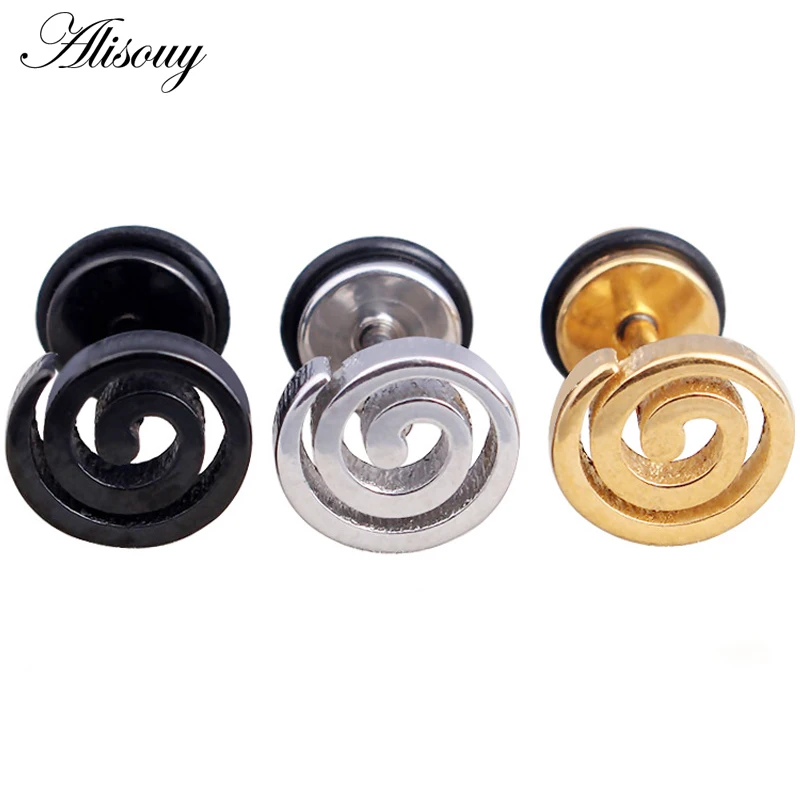 Alisouy 2pcs Whirl Mosquito Black Gold Color Stainless Steel Men Screw Pierced Ear Stud Earrings