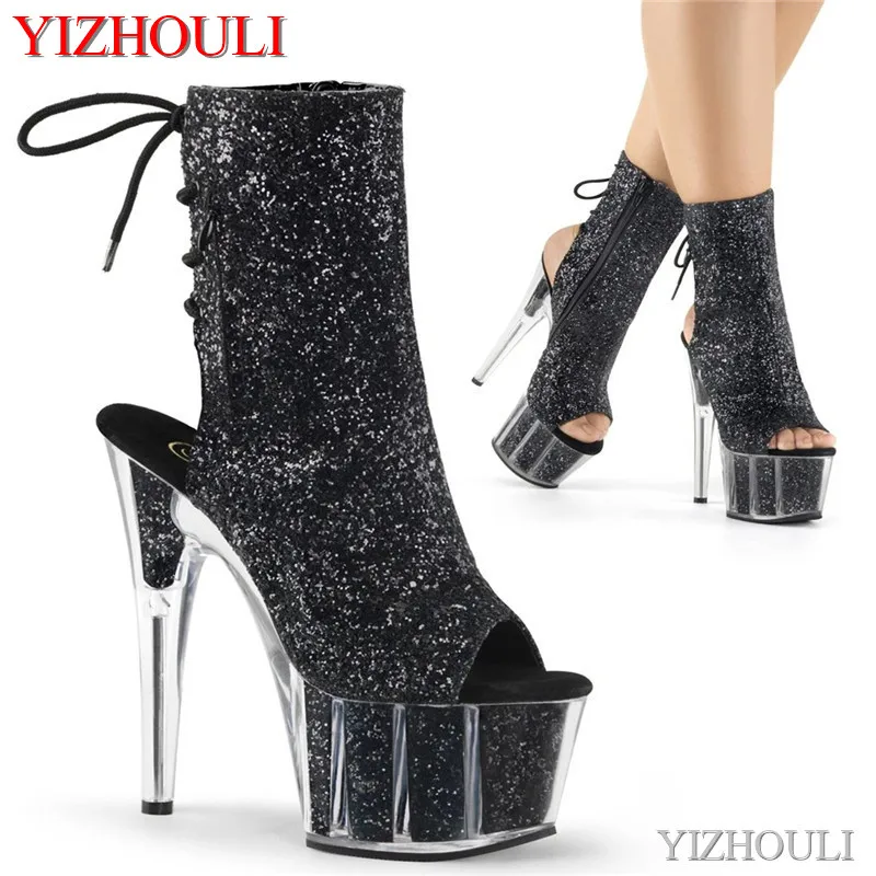 

15cm stiletto heels, sexy 6-inch ankle boots, fishbeaks sequined vamp, party club, model pole dancing shoes