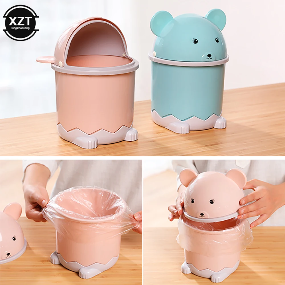 Cute Desktop Flip Trash Can Cover Portable Garbage Storage Bin Box Home Office Table Desk Waste Container Bucket Home Trash Can