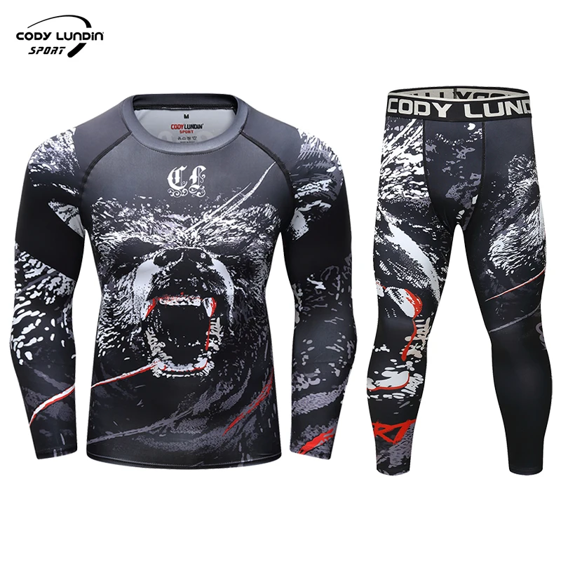 Cody Men\'s 3D Printed Jiu Jitsu BJJ Rashguard Set Tracksuit Running Sportswear Leggings Male Compression Grappling MMA Clothes