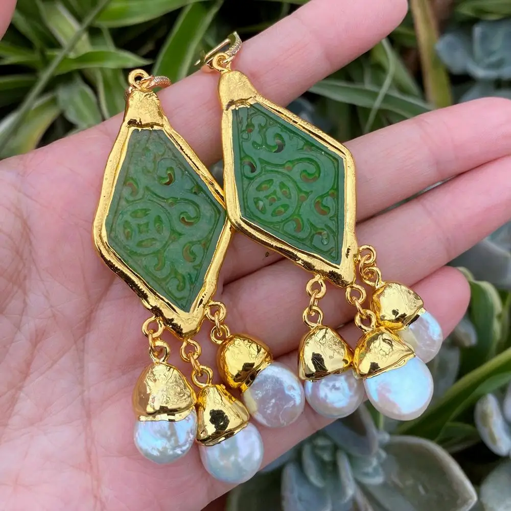 

YYGEM Green Rhombus Jade Carved Natural Cultured White Freshwater Pearl Dangle Stud Earrings vintage style for women