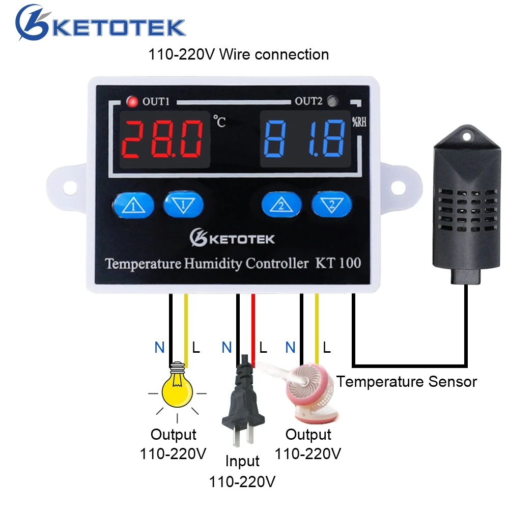 KT100 Digital Thermostat Humidity Controller Egg Incubator Temperature Humidity Controller 10A Direct Output Hygrometer Control