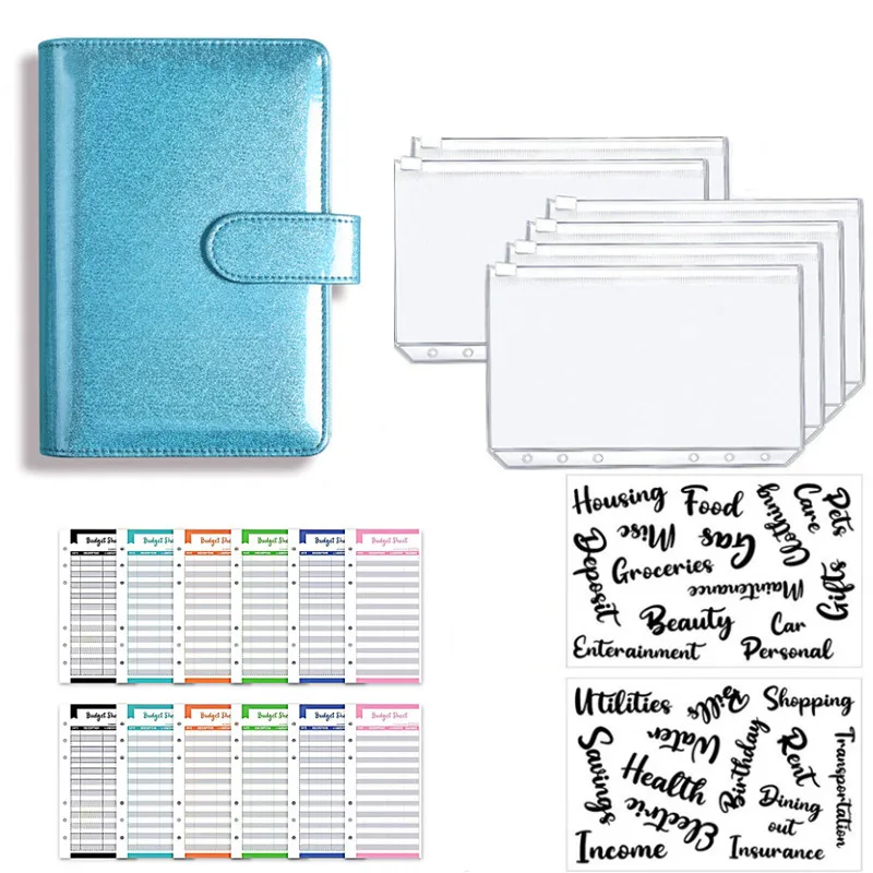 Imagem -03 - Glitter Couro Plutônio Binder Orçamento Envelope Planejador Organizador Sistema com Zíper Claro Bolsos Despesas Folhas de Orçamento a5