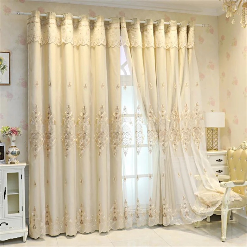 European Luxury Blackout Embroidery Curtains for Living Room Nordic Chenille Finished Drape Flower Beige Tulle for Villa