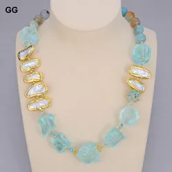 GG Natural Blue Glass Quartz Rough White Biwa Freshwater Pearl Round Agates Choker Necklace 21