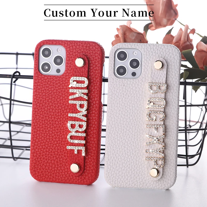 Pebble Leather Cowhide Custom Name Phone Case For iPhone15 14 14Pro 14Plus 13Promax 13 12 11 Diamond Metal Letters Cover Coque