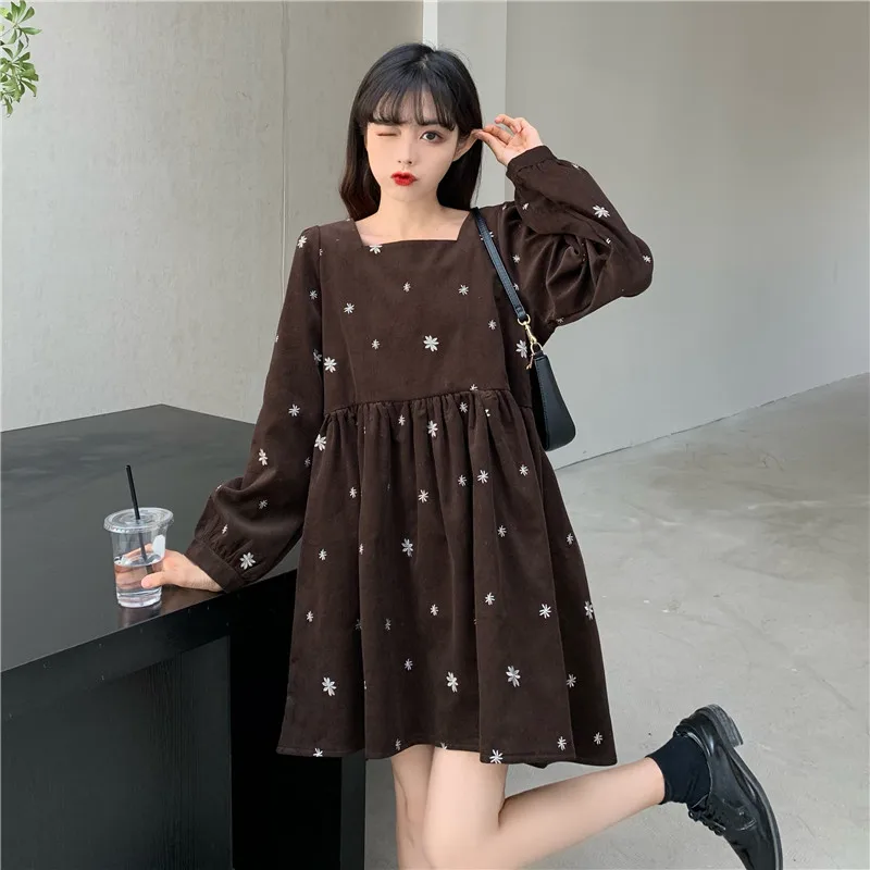 Black Dress Women's Autumn and Winter Retro Square Collar CorduroyThickened Mid-Length A- line Dress sweet lolita dress