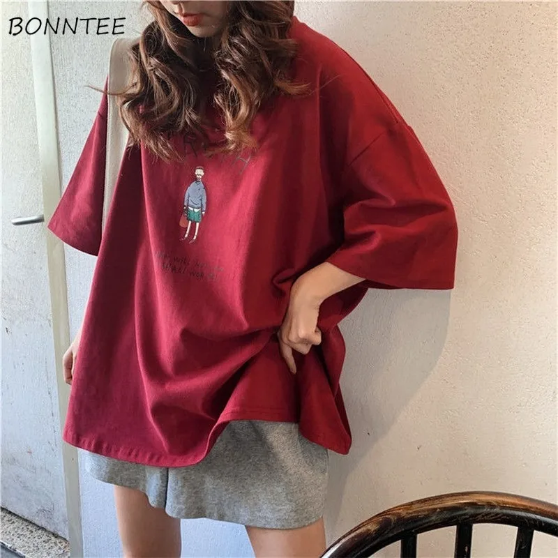 Letter Print Short Sleeve T-shirts Women Leisure Cartoon Simple Korean Style Vintage Oversize Harajuku Summer New All-match Chic