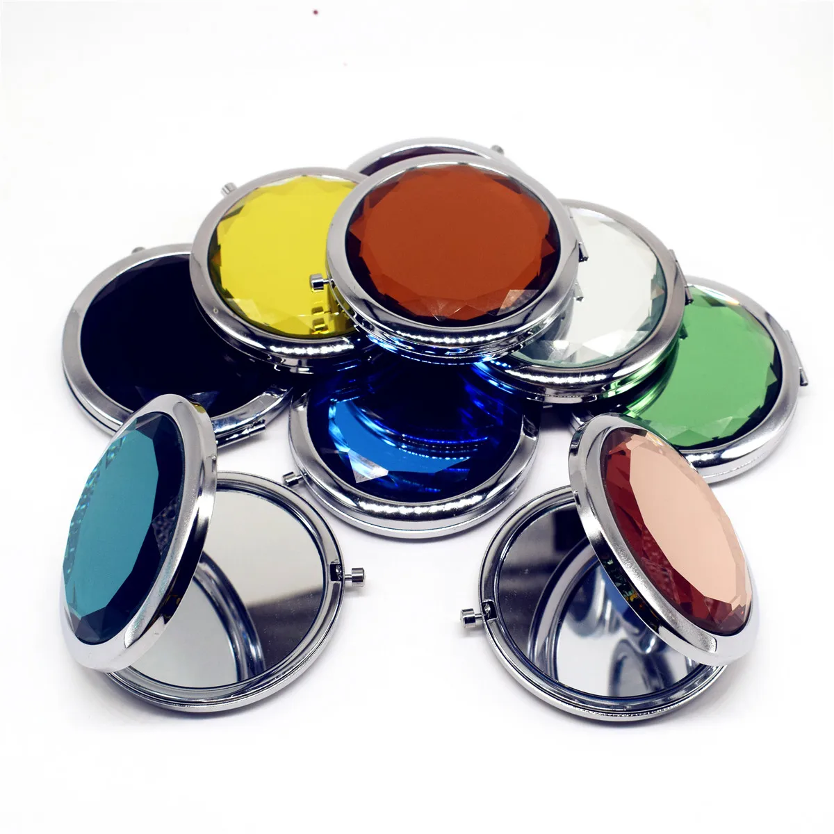 1Pc Portable Round Folded Compact Mirrors Luxury Crystal Makeup  Gold Silver Pocket  Making Up for Personalized Gift